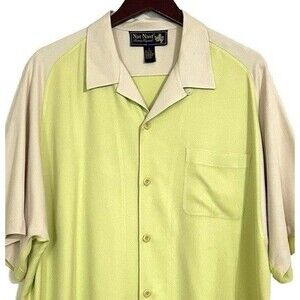 Nat Nast Mens 100% Silk Soft Neon Green Beige Camp Bowling Shirt Men’s Sz Large